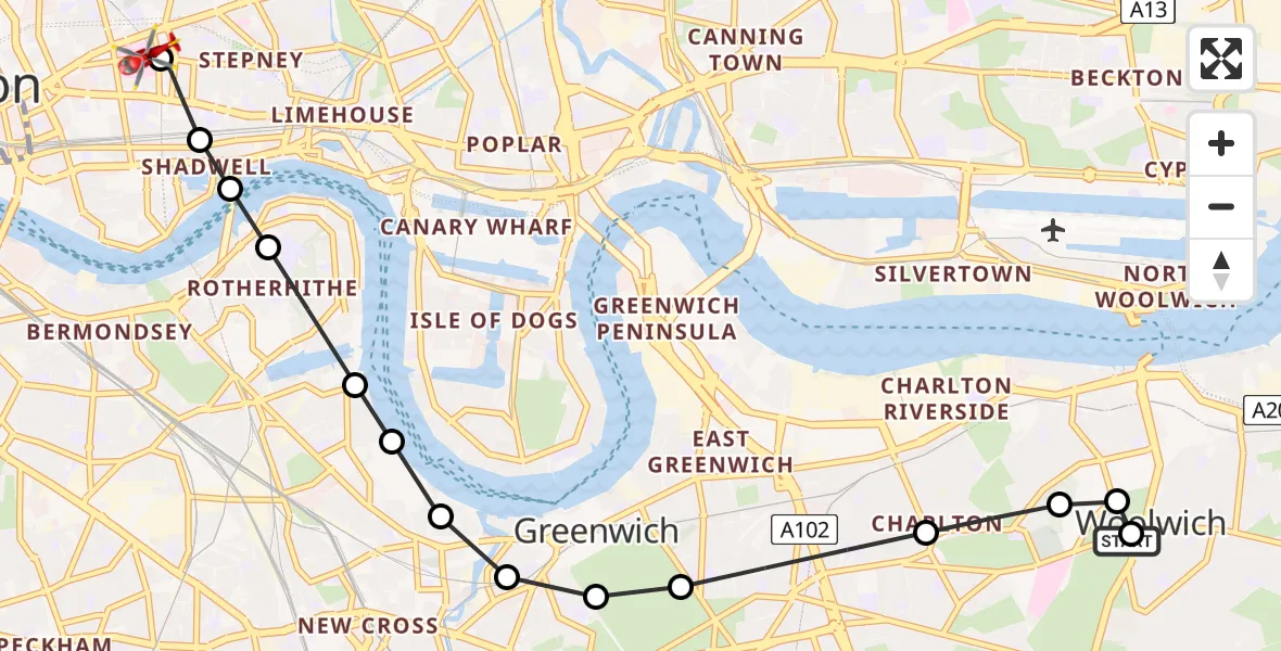 Flight route Air Ambulance Helicopter Shooters Hill - Royal London Hospital, 25 July 2026, 09:12