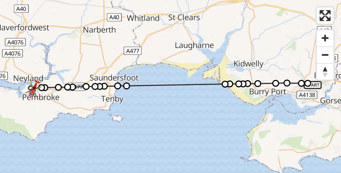 Flight route Air Ambulance Helicopter Dafen - Pembroke Dock, 25 July 2026, 09:18
