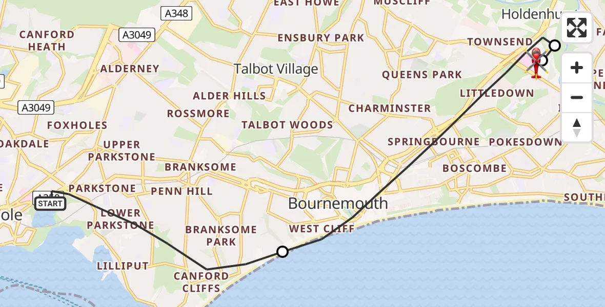 Flight route Air Ambulance Helicopter Poole - Royal Bournemouth Hospital, 25 July 2026, 09:23