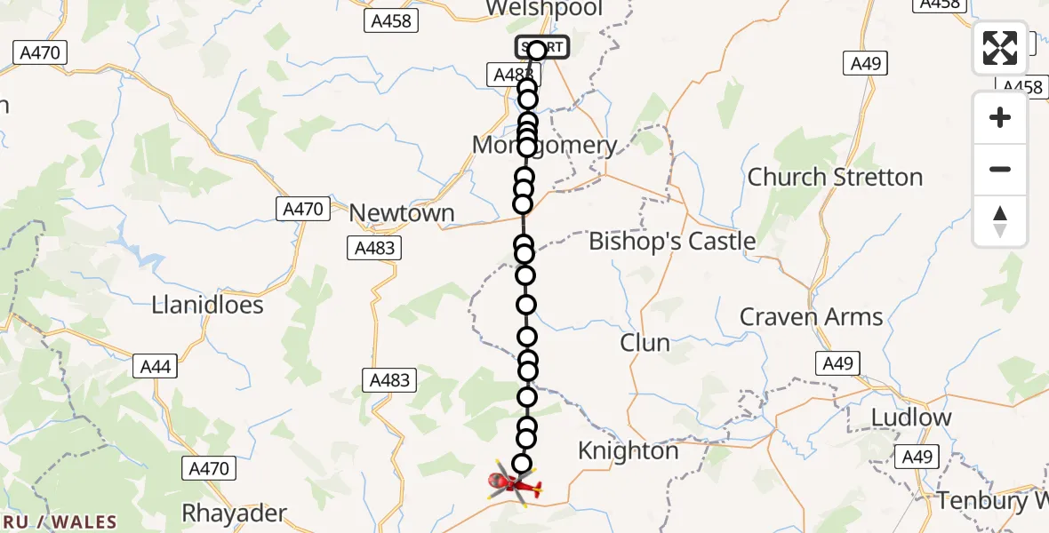 Flight route Air Ambulance Helicopter Welshpool Airport - Llangunllo, 25 July 2026, 09:33