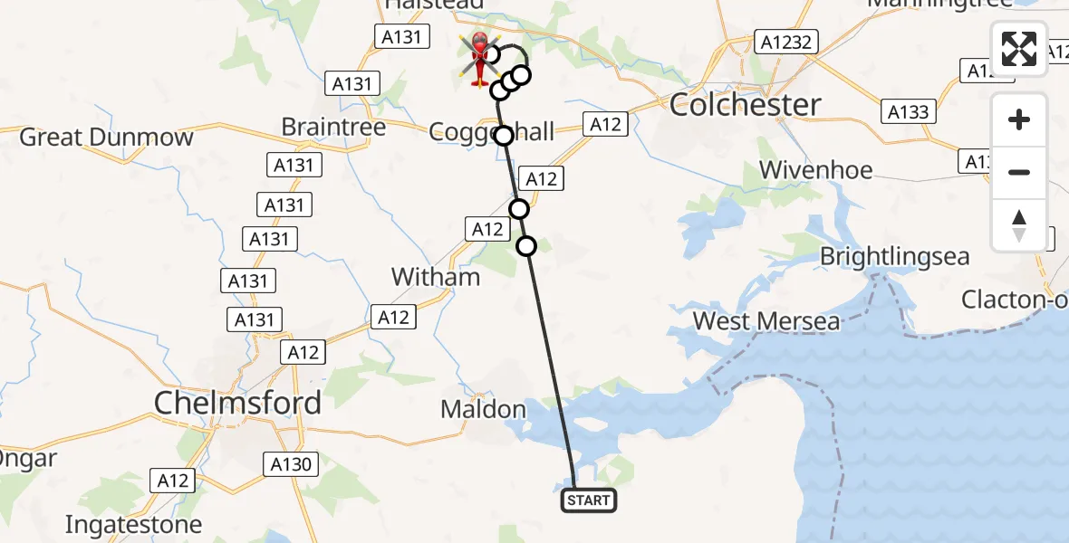 Flight route Air Ambulance Helicopter Maldon - Earls Colne Airfield, 25 July 2026, 09:37