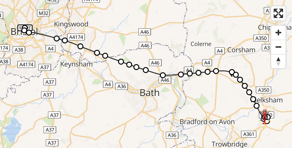 Flight route Air Ambulance Helicopter Bristol Royal Infirmary - Wiltshire Air Ambulance, 25 July 2026, 09:40