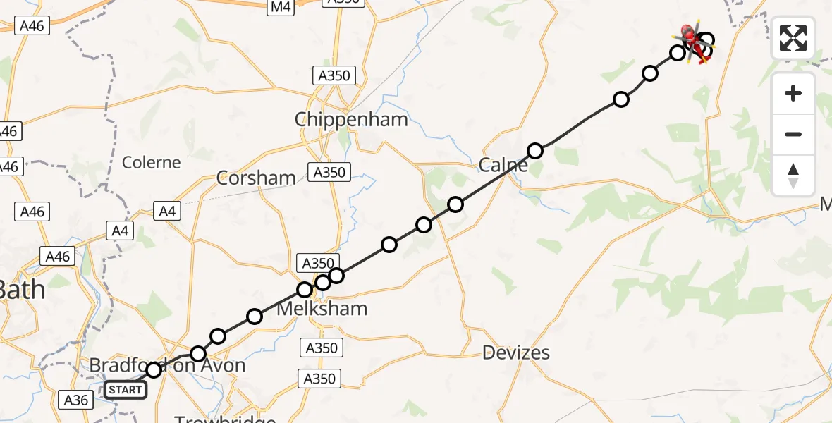 Flight route Air Ambulance Helicopter Westwood - Broad Town, 25 July 2026, 09:41