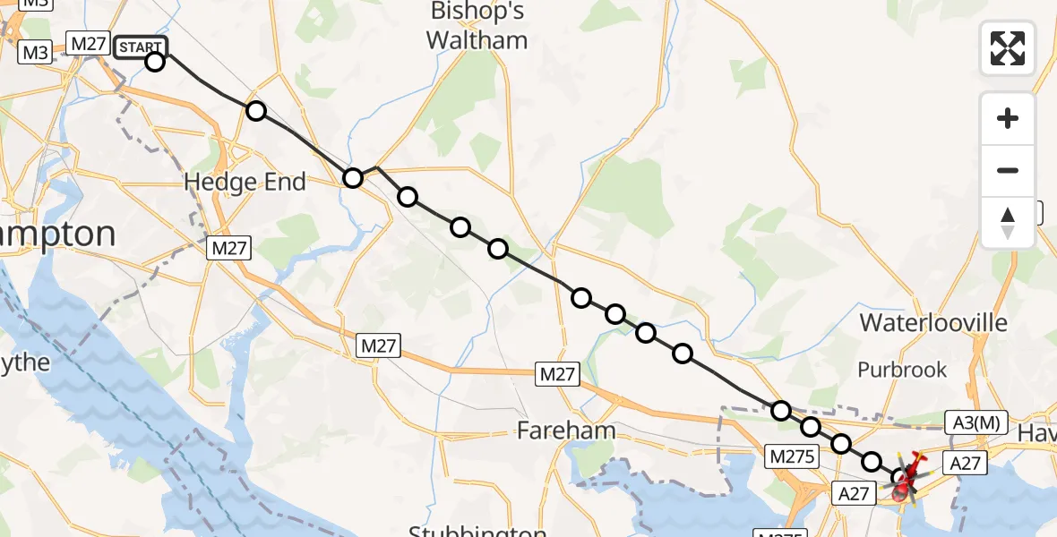 Flight route Air Ambulance Helicopter Southampton Airport - Drayton, 25 July 2026, 09:58
