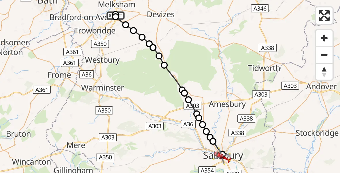 Flight route Air Ambulance Helicopter Wiltshire Air Ambulance - Salisbury, 25 July 2026, 10:06