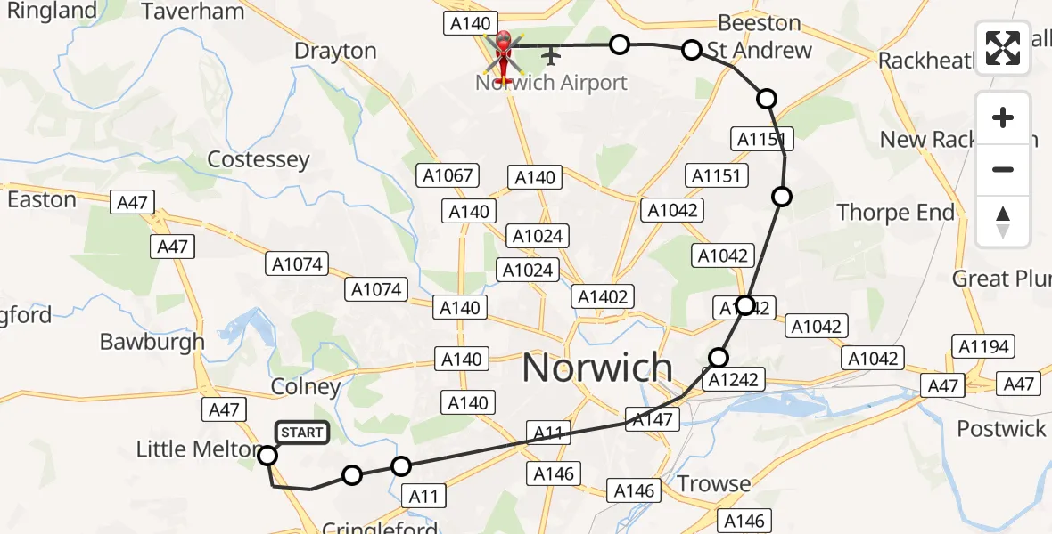 Flight route Air Ambulance Helicopter Norfolk & Norwich Hospital - Norwich Airport, 25 July 2026, 10:13