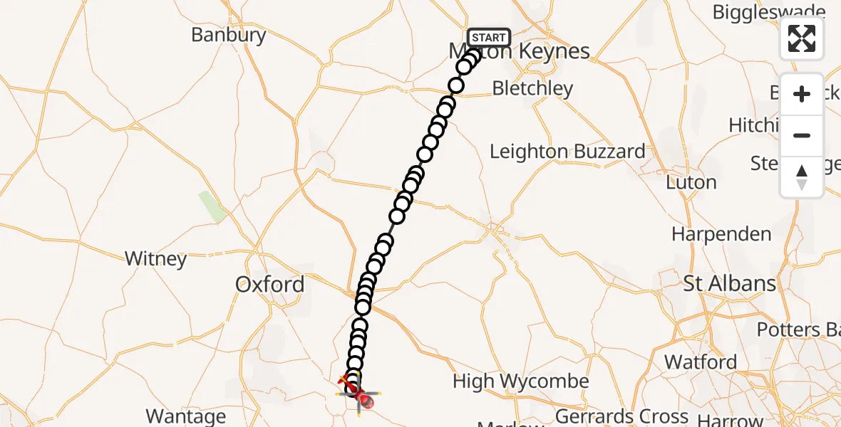 Flight route Air Ambulance Helicopter Wolverton - RAF Benson, 25 July 2026, 10:16