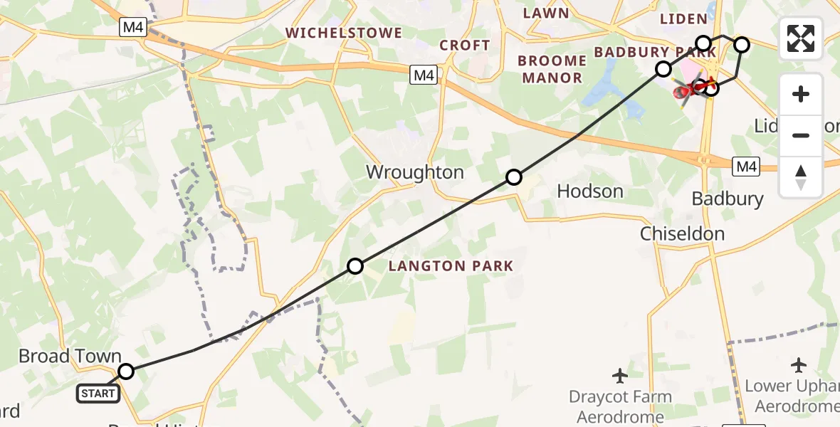 Flight route Air Ambulance Helicopter Broad Town - Great Western Hospital, 25 July 2026, 10:18