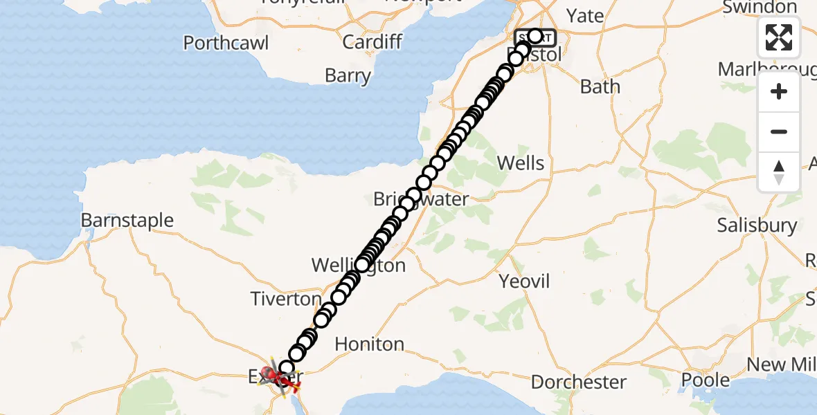 Flight route Air Ambulance Helicopter Southmead Hospital - Royal Devon & Exeter Hospital, 25 July 2026, 10:25