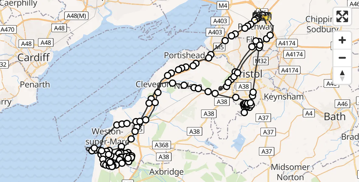 Flight route Police Helicopter Almondsbury Helicopter Base - Almondsbury Helicopter Base, 25 July 2026, 10:26