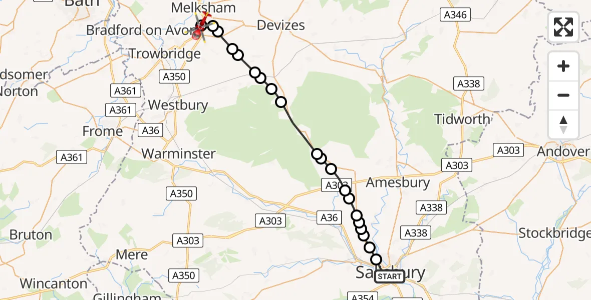 Flight route Air Ambulance Helicopter Salisbury - Wiltshire Air Ambulance, 25 July 2026, 10:30