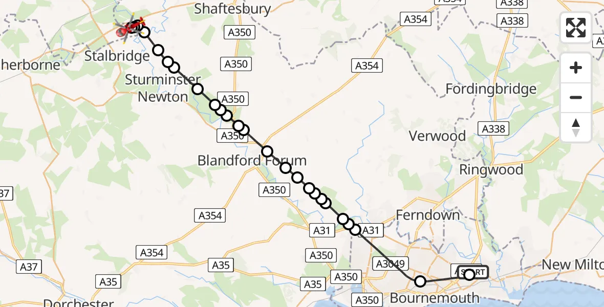 Flight route Air Ambulance Helicopter Royal Bournemouth Hospital - Henstridge Airfield, 25 July 2026, 10:31