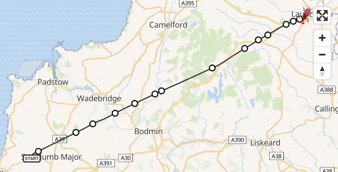 Flight route Air Ambulance Helicopter Cornwall Airport Newquay - Launceston, 25 July 2026, 10:44