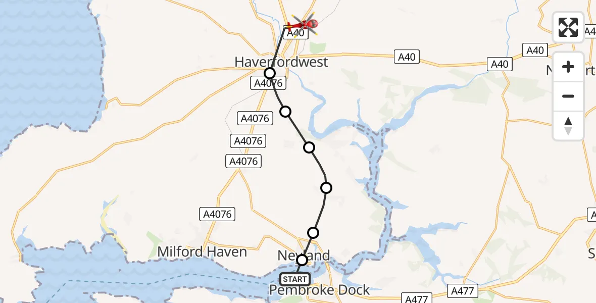 Flight route Air Ambulance Helicopter Pembroke Dock - Crundale, 25 July 2026, 10:48