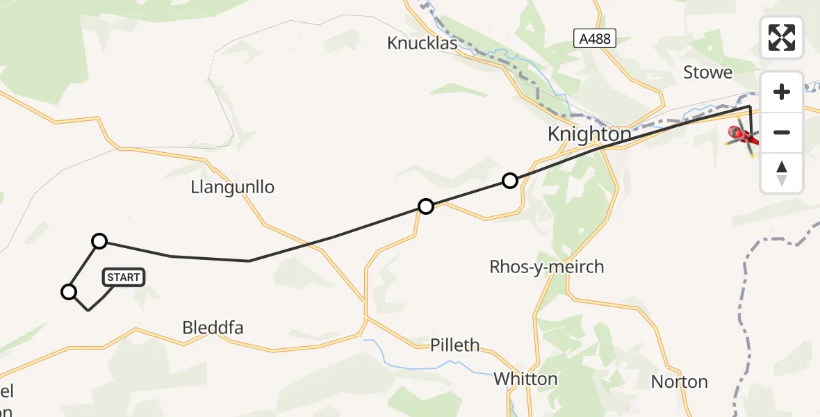 Flight route Air Ambulance Helicopter Llangunllo - Knighton, 25 July 2026, 10:50
