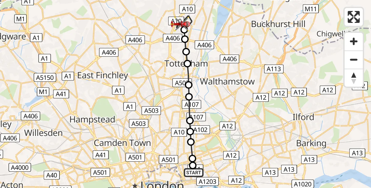 Flight route Air Ambulance Helicopter Royal London Hospital - Edmonton, 25 July 2026, 10:53