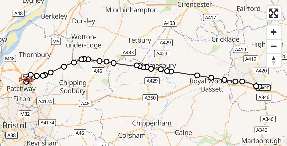 Flight route Air Ambulance Helicopter Great Western Hospital - Almondsbury Helicopter Base, 25 July 2026, 10:53