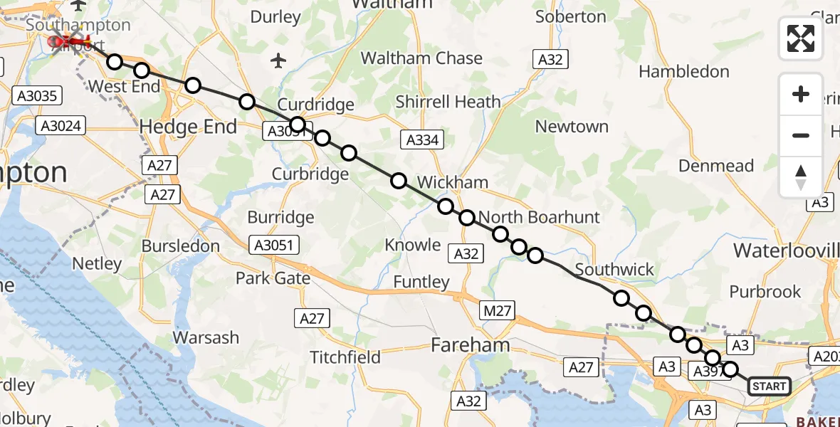Flight route Air Ambulance Helicopter Drayton - Mansbridge, 25 July 2026, 10:56