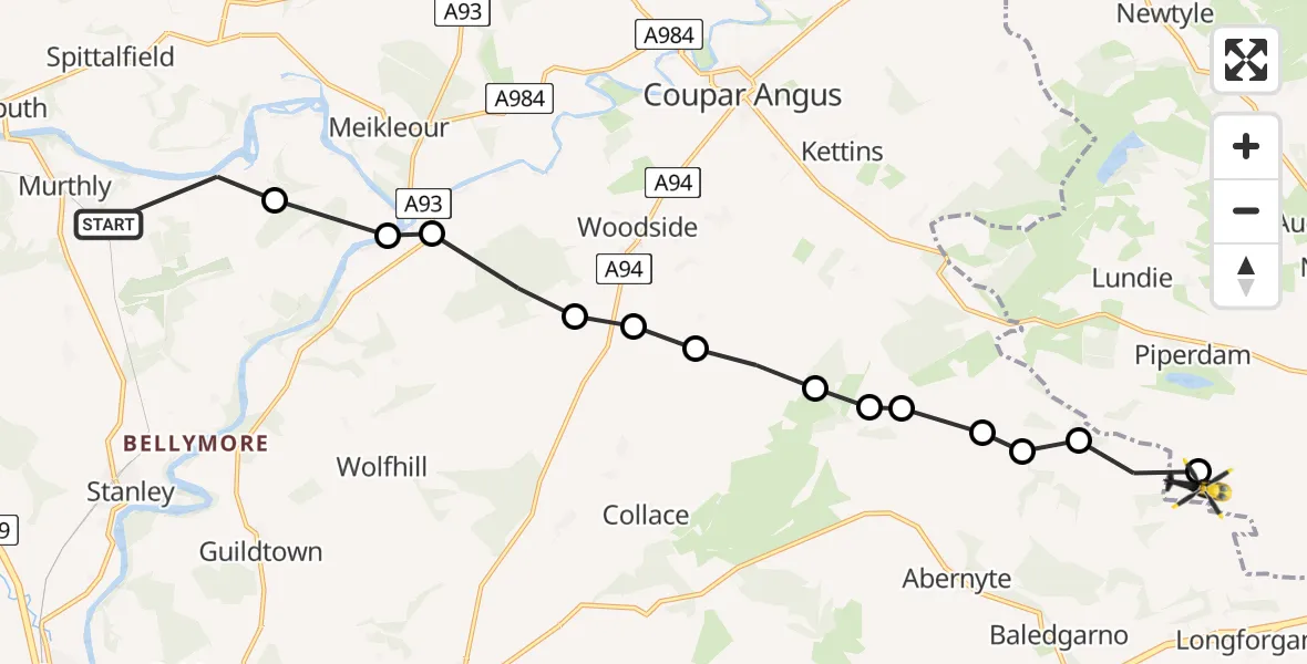 Flight route Police Helicopter Murthly - Fowlis Easter, 25 July 2026, 11:11