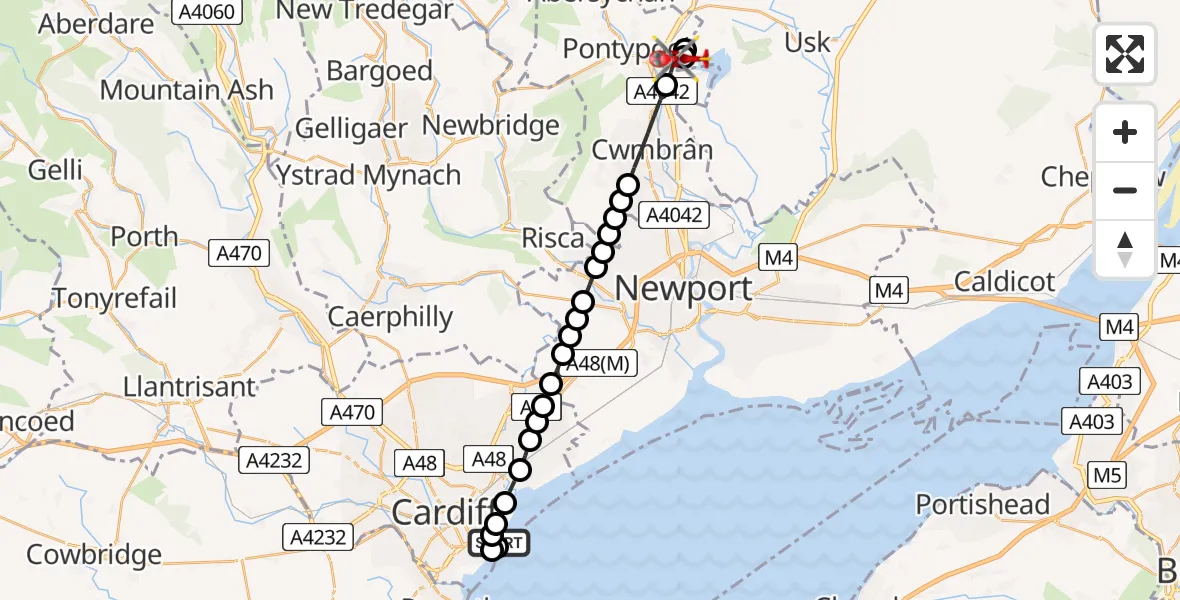 Flight route Air Ambulance Helicopter Cardiff Heliport - Llanbadoc, 25 July 2026, 11:22