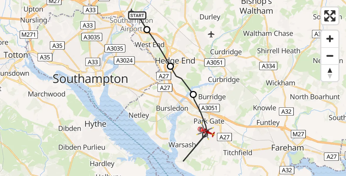 Flight route Air Ambulance Helicopter Southampton Airport - Fareham, 25 July 2026, 11:26