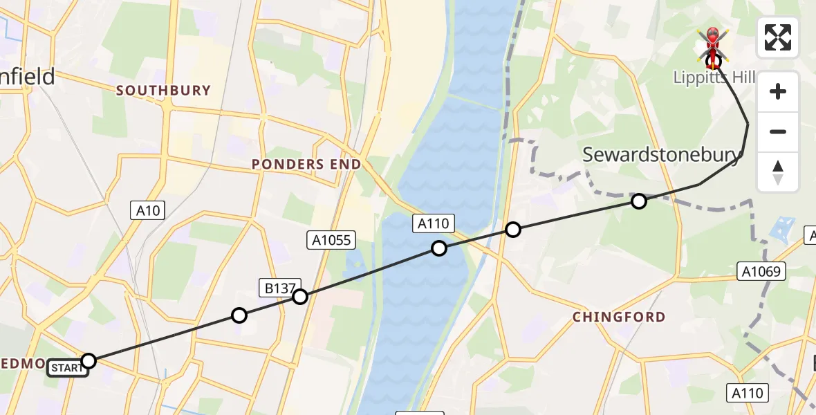 Flight route Air Ambulance Helicopter Edmonton - Metropolitan Police Air Support Unit Lippitts Hill, 25 July 2026, 11:27