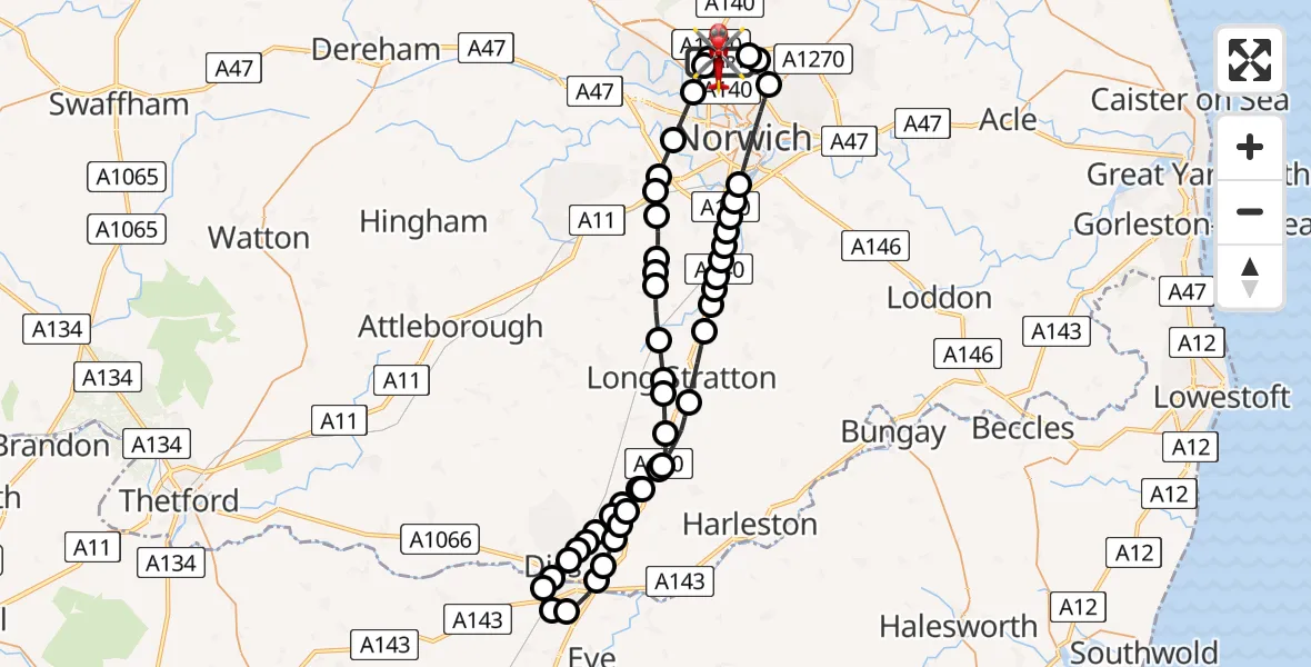 Flight route Air Ambulance Helicopter Norwich Airport - Norwich Airport, 25 July 2026, 11:28