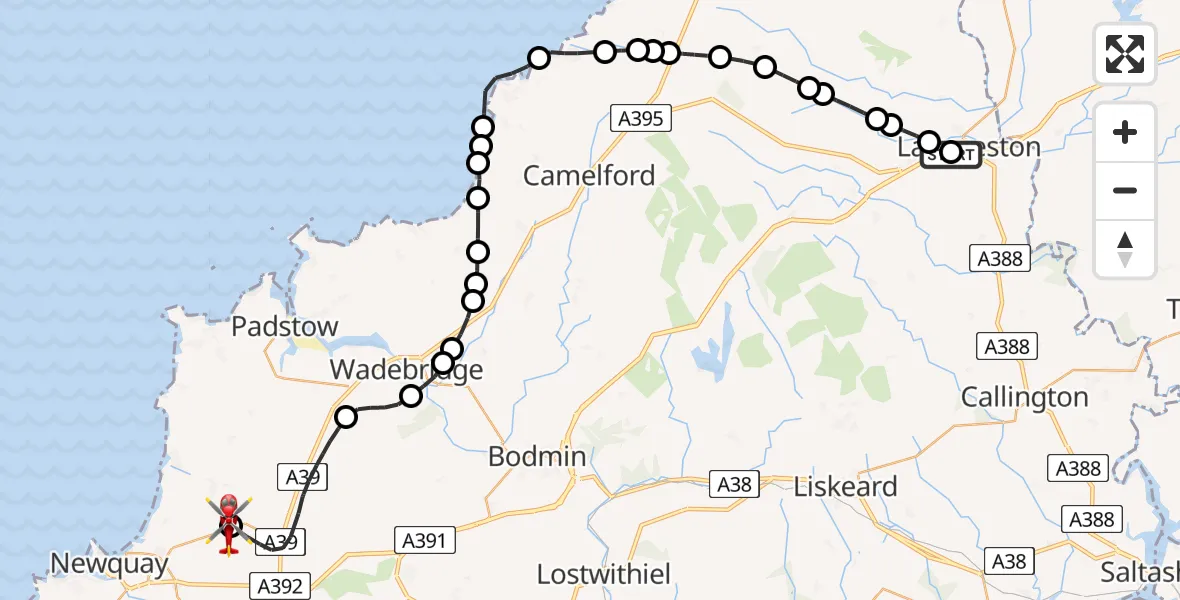 Flight route Air Ambulance Helicopter St Stephens - Cornwall Airport Newquay, 25 July 2026, 11:36