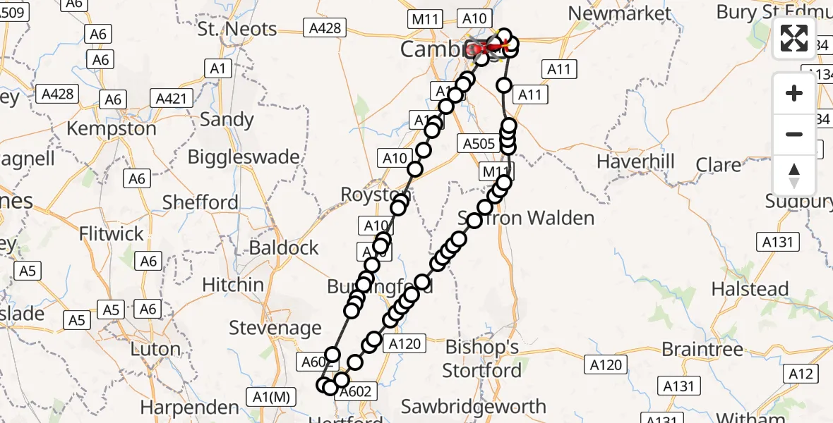 Flight route Air Ambulance Helicopter Cambridge City Airport - Cambridge City Airport, 25 July 2026, 11:42