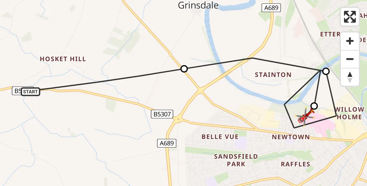 Flight route Air Ambulance Helicopter Moorhouse - Carlisle General, 25 July 2026, 11:52