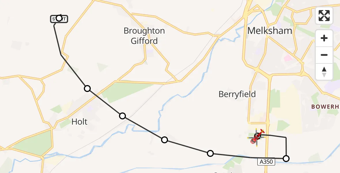Flight route Air Ambulance Helicopter Broughton Gifford - Wiltshire Air Ambulance, 25 July 2026, 11:52