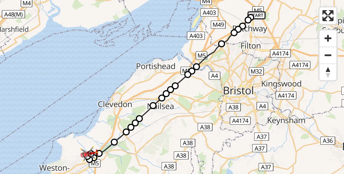 Flight route Air Ambulance Helicopter Almondsbury Helicopter Base - Bourton, 25 July 2026, 11:52