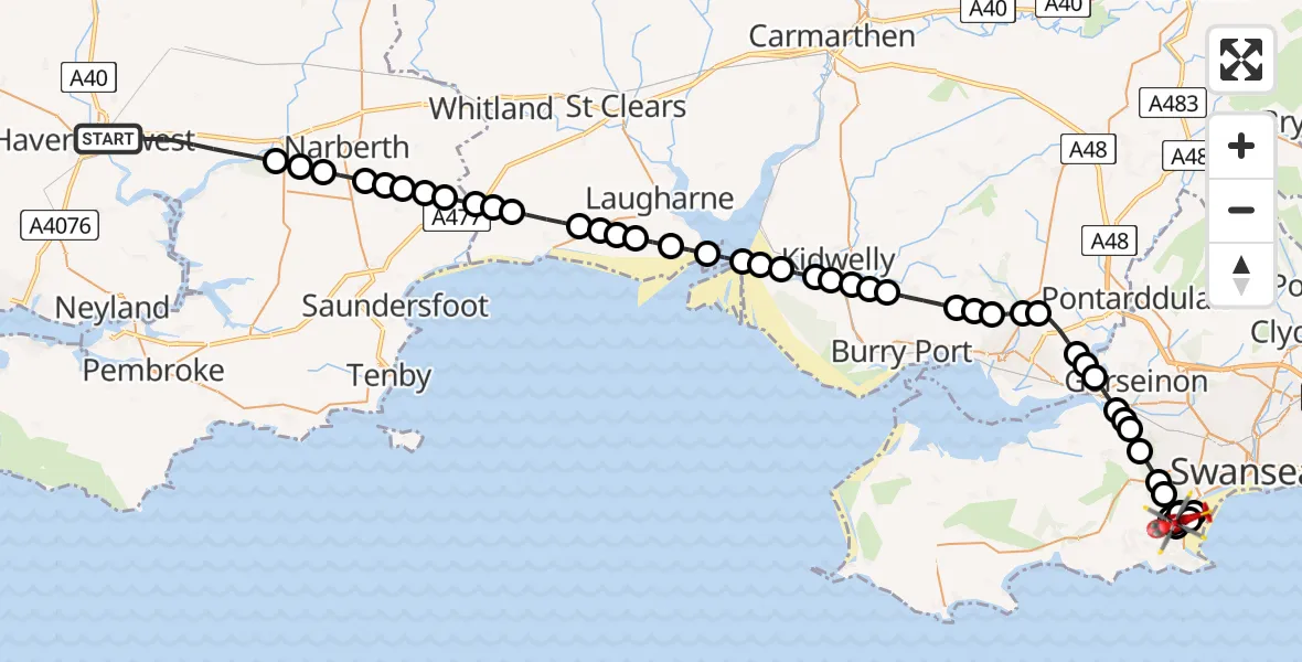 Flight route Air Ambulance Helicopter Uzmaston, Boulston and Slebech - Blackpill, 25 July 2026, 12:05