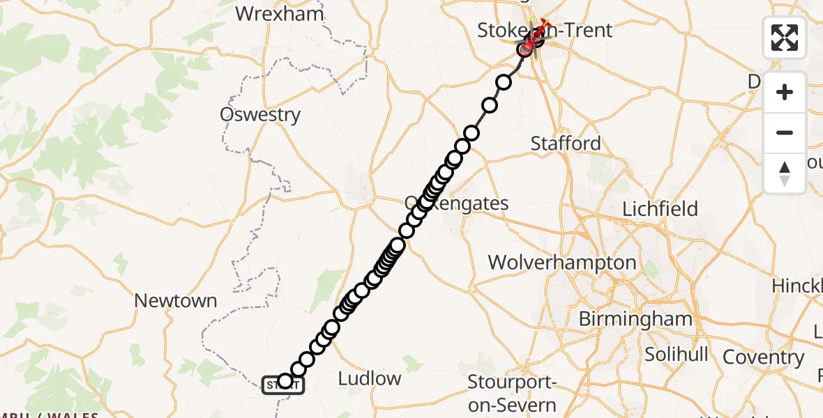 Flight route Air Ambulance Helicopter Stowe - University Hospital North Staffs, 25 July 2026, 12:10