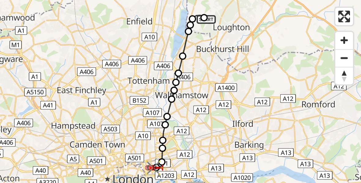 Flight route Air Ambulance Helicopter Metropolitan Police Air Support Unit Lippitts Hill - Royal London Hospital, 25 July 2026, 12:13
