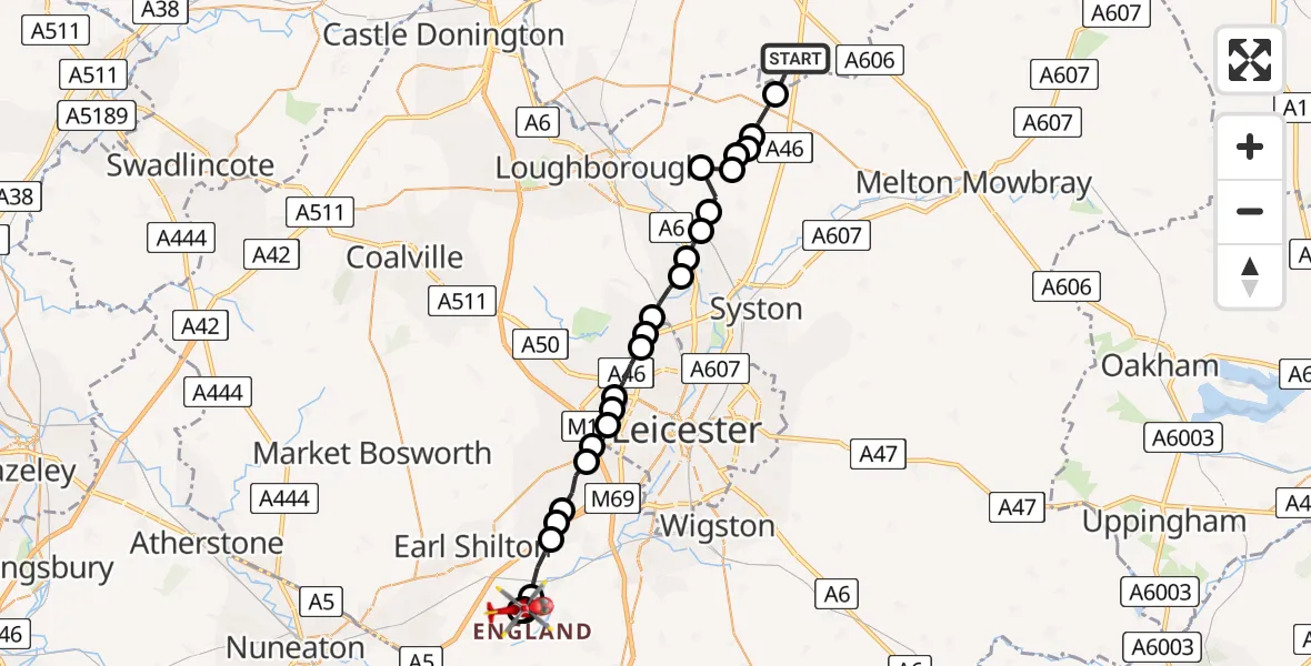 Flight route Air Ambulance Helicopter Willoughby on the Wolds - Stoney Stanton, 25 July 2026, 12:14