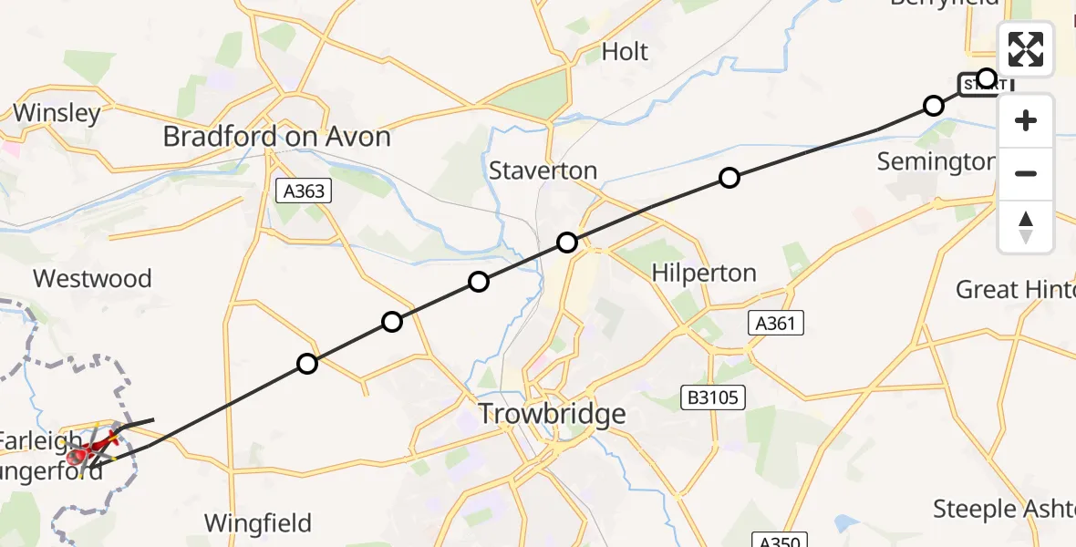 Flight route Air Ambulance Helicopter Wiltshire Air Ambulance - Wingfield, 25 July 2026, 12:20