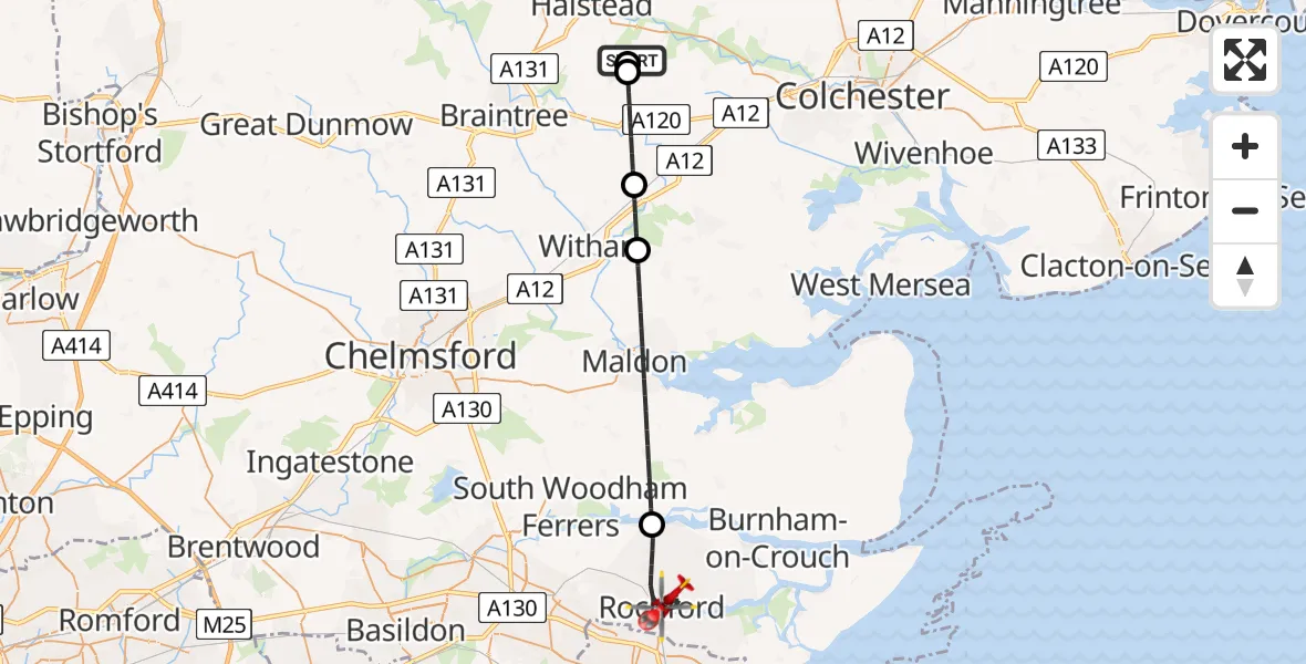 Flight route Air Ambulance Helicopter Earls Colne Airfield - Rochford, 25 July 2026, 12:23