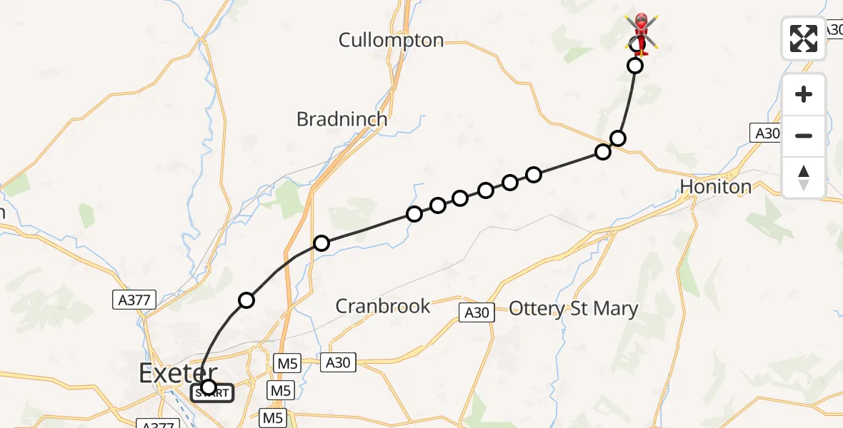 Flight route Air Ambulance Helicopter Royal Devon & Exeter Hospital - Dunkeswell Airfield, 25 July 2026, 12:27