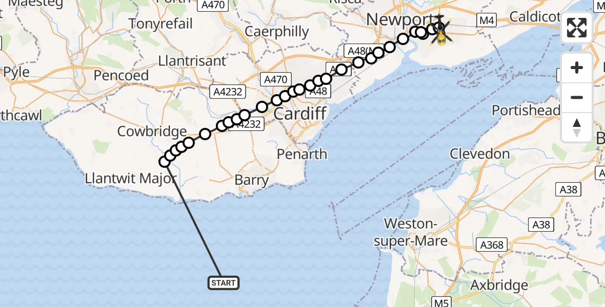 Flight route Police Helicopter Bristol Channel - Glan Llyn, 25 July 2026, 12:28
