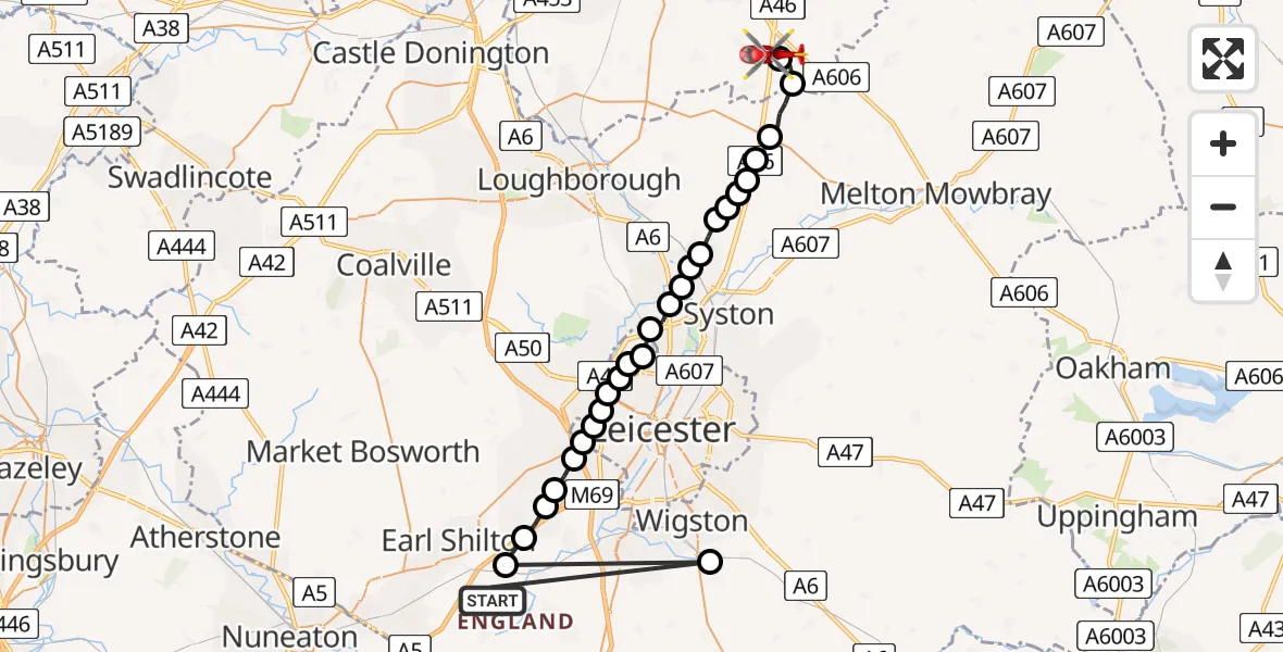 Flight route Air Ambulance Helicopter Stoney Stanton - Nottingham Heliport, 25 July 2026, 12:31