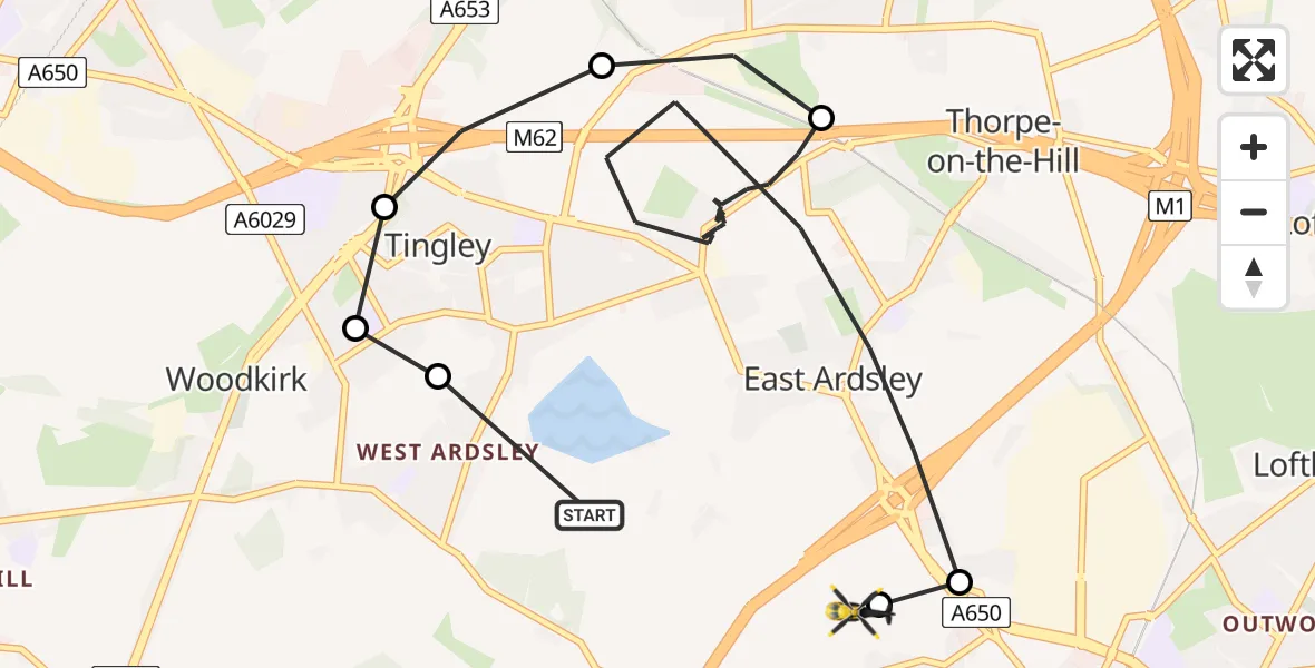 Flight route Police Helicopter East Ardsley - East Ardsley, 25 July 2026, 12:33