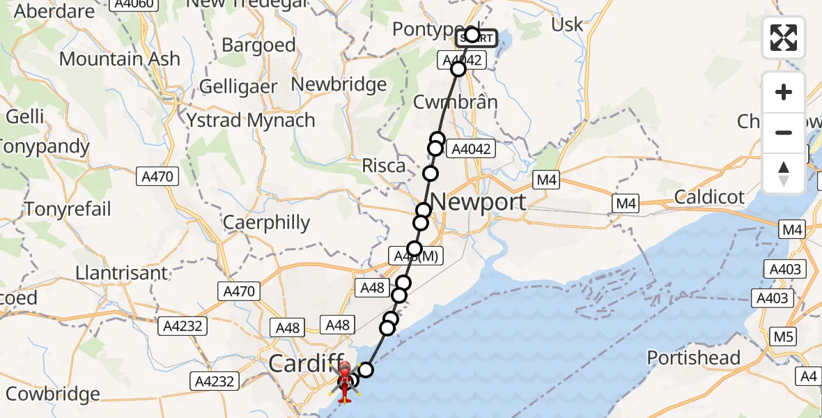 Flight route Air Ambulance Helicopter Llanbadoc - Cardiff Heliport, 25 July 2026, 12:39