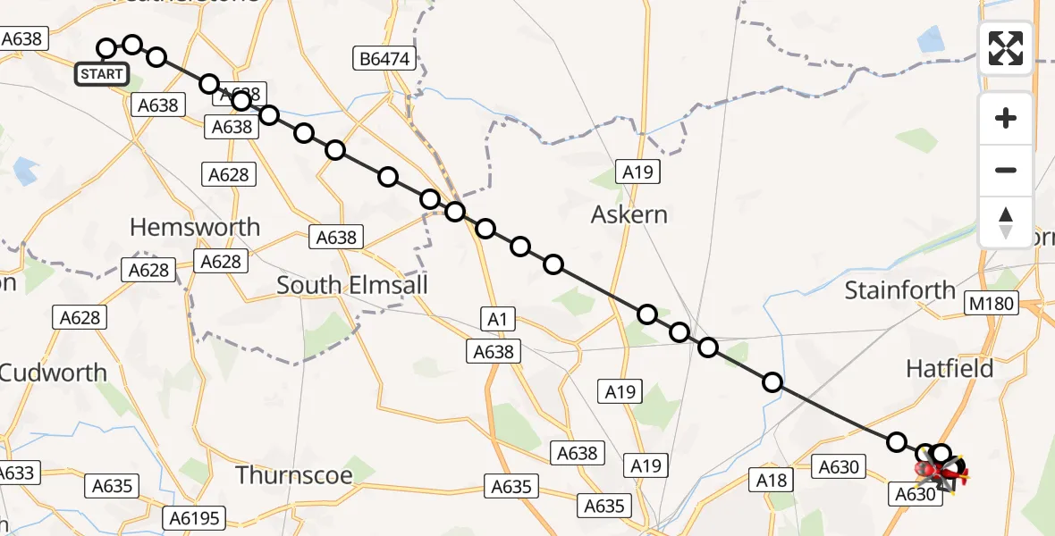 Flight route Air Ambulance Helicopter YAA Nostell Helicopter Port - Old Cantley, 25 July 2026, 12:39