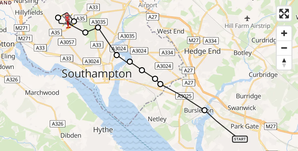 Flight route Air Ambulance Helicopter Fareham - Hollybrook, 25 July 2026, 12:42