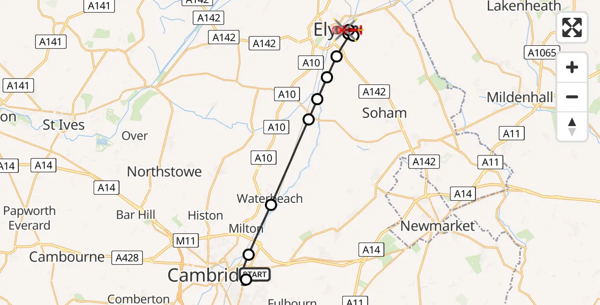 Flight route Air Ambulance Helicopter Cambridge City Airport - Stuntney, 25 July 2026, 12:44