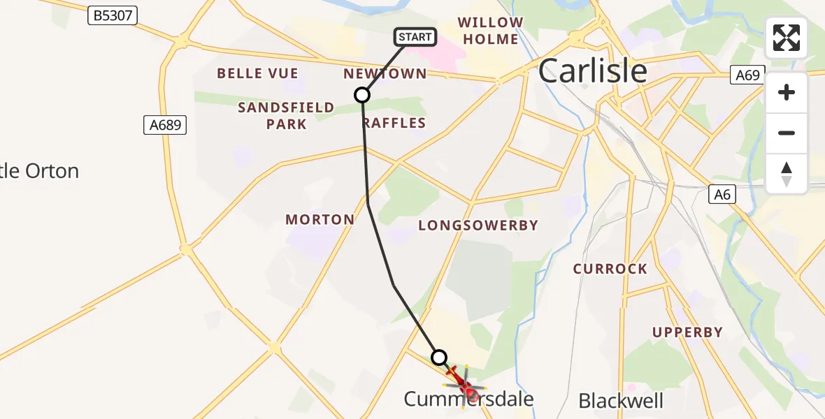 Flight route Air Ambulance Helicopter Carlisle General - Cummersdale, 25 July 2026, 12:46