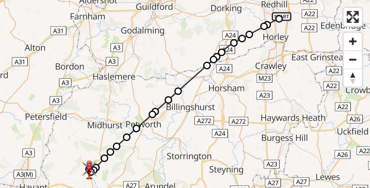 Flight route Air Ambulance Helicopter Redhill Aerodrome - Lavant, 25 July 2026, 12:46