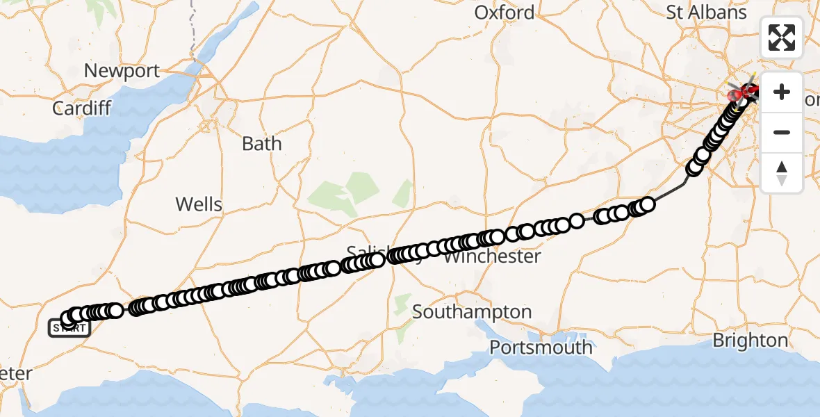 Flight route Air Ambulance Helicopter Dunkeswell Airfield - City of Westminster, 25 July 2026, 12:48
