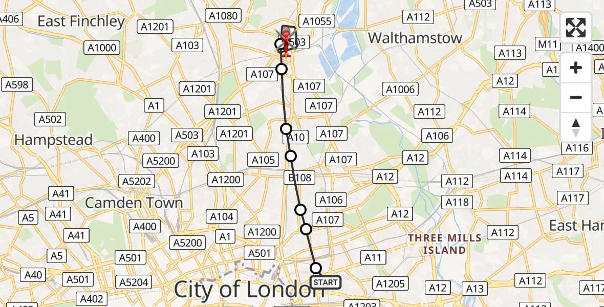 Flight route Air Ambulance Helicopter Royal London Hospital - West Green, 25 July 2026, 12:48